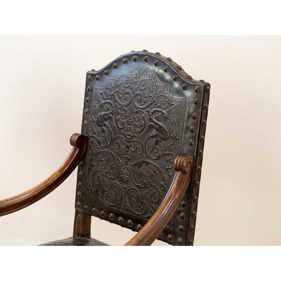 Image 1 of Paire de fauteuils vintage en noyer et cuir, 19ème siècle