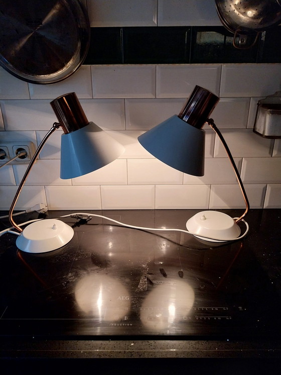 Image 1 of 1 X Lot de 2 lampes de table tchèques en cuivre rouge et blanc 1960's