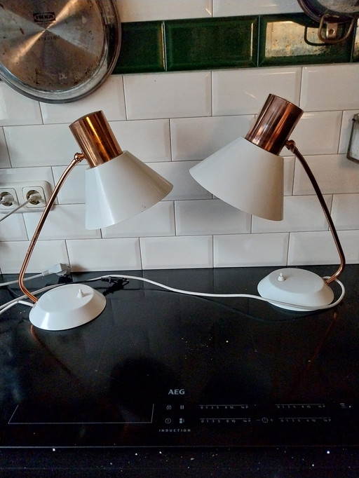 1 X Lot de 2 lampes de table tchèques en cuivre rouge et blanc 1960's