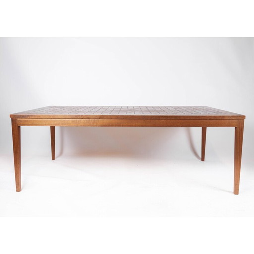 Table basse vintage en teck avec carreaux rouges, Danemark 1960