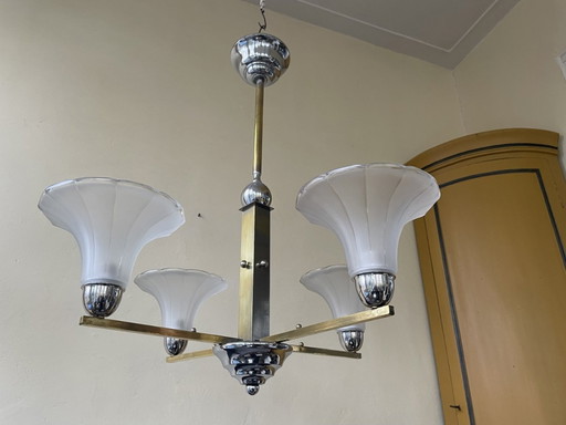 Lampe Moderniste 4 Bras Bols en Verre Dépoli Chrome Art Déco 1930s French