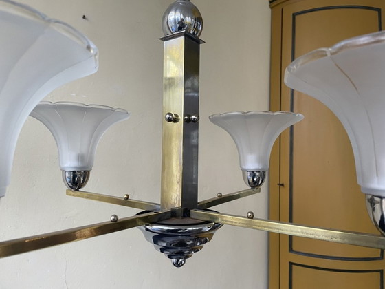 Image 1 of Lampe Moderniste 4 Bras Bols en Verre Dépoli Chrome Art Déco 1930s French