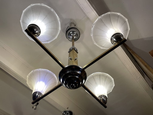Lampe Moderniste 4 Bras Bols en Verre Dépoli Chrome Art Déco 1930s French