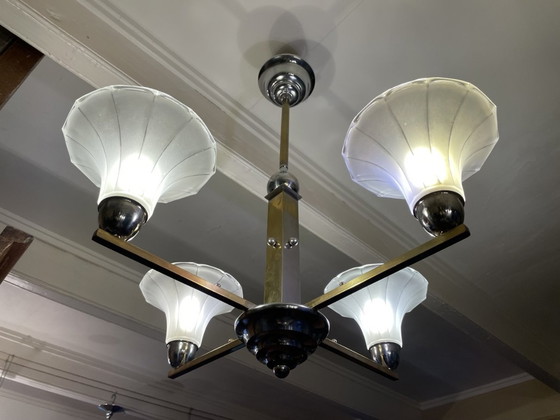 Image 1 of Lampe Moderniste 4 Bras Bols en Verre Dépoli Chrome Art Déco 1930s French