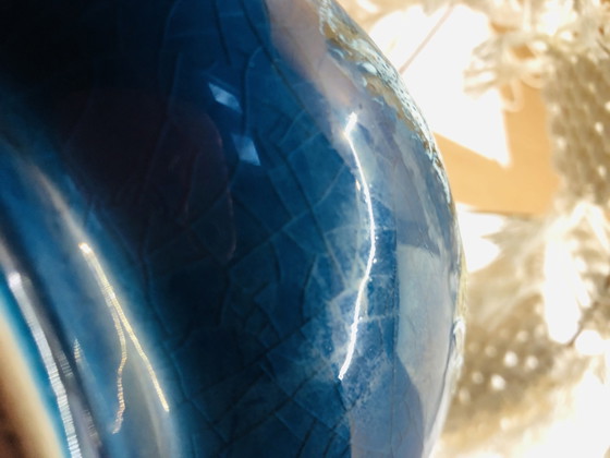 Image 1 of Lampe Vintage En Céramique Bleue Et Macramé 