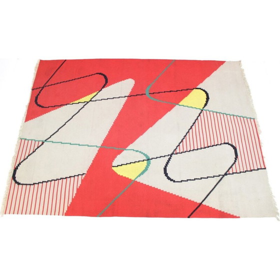 Image 1 of Kilim géométrique moderniste à crapet rouge par Antonin Kybal - 1950