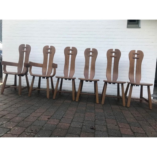 Ensemble de 6 chaises brutalistes vintage de la maison artisanale De Puydt, Belgique 1960