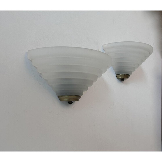Image 1 of Paire d'appliques vintage en laiton et verre sablé, Italie 1980