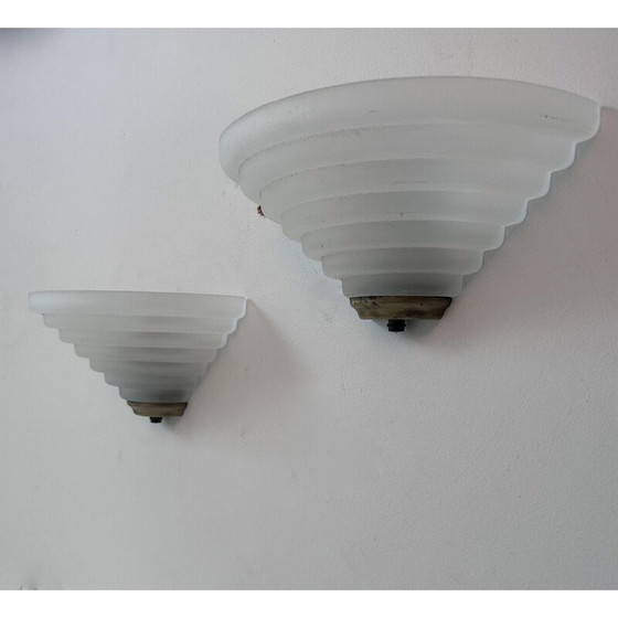 Image 1 of Paire d'appliques vintage en laiton et verre sablé, Italie 1980