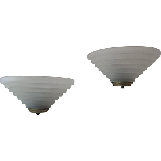 Image 1 of Paire d'appliques vintage en laiton et verre sablé, Italie 1980