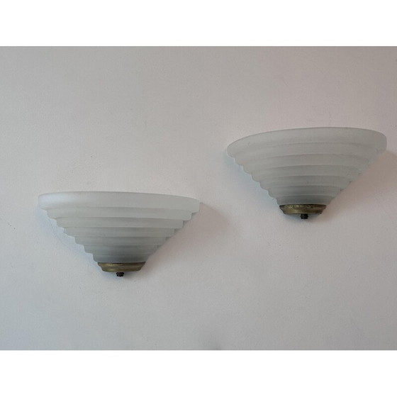 Image 1 of Paire d'appliques vintage en laiton et verre sablé, Italie 1980