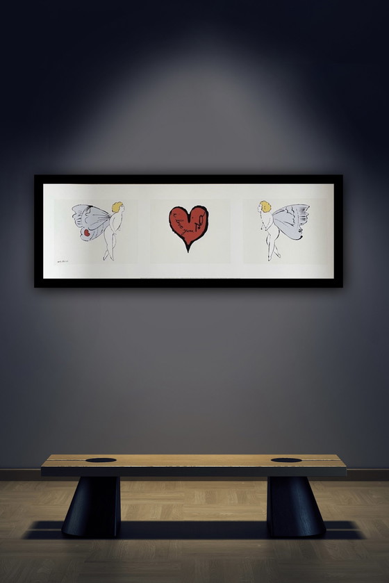 Image 1 of Andy Warhol : "I Love You So, Triptyque, 1957" signé dans la plaque.