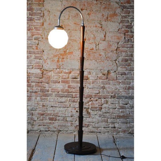 Image 1 of Lampadaire Vintage Art Déco en hêtre et chrome, Tchécoslovaquie 1920