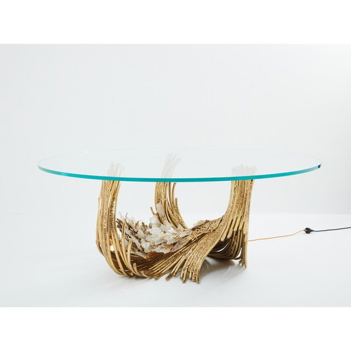 Table de salle à manger vintage en laiton et cristaux de roche par Isabelle Faure pour Maison Honoré, 1970