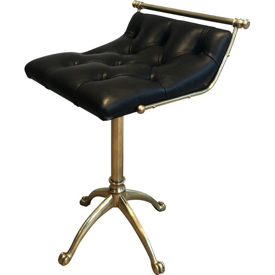 Image 1 of Tabouret vintage en laiton et cuir avec pieds griffes, 1900