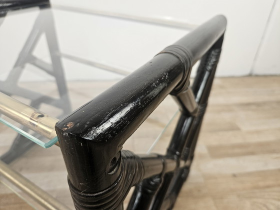 Image 1 of Table basse en osier laqué noir avec deux plateaux en verre