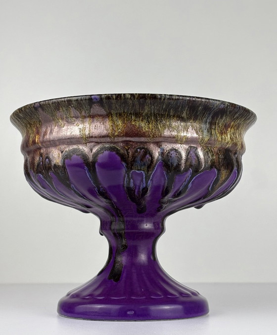 Image 1 of Vintage Purple Ceramic Bowl Fat Lava Drip Bronze Colour