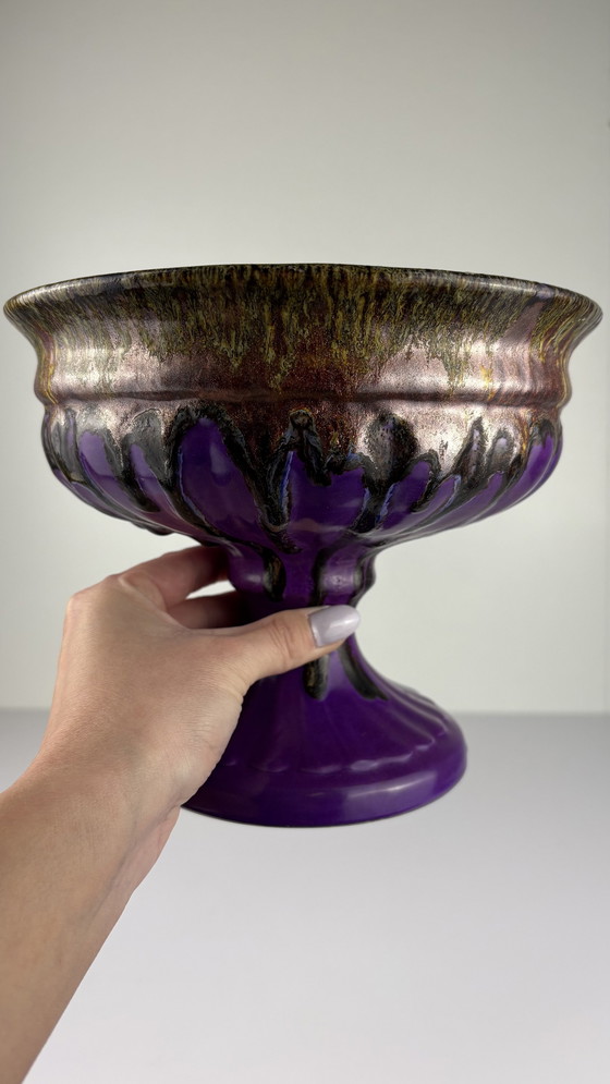Image 1 of Vintage Purple Ceramic Bowl Fat Lava Drip Bronze Colour