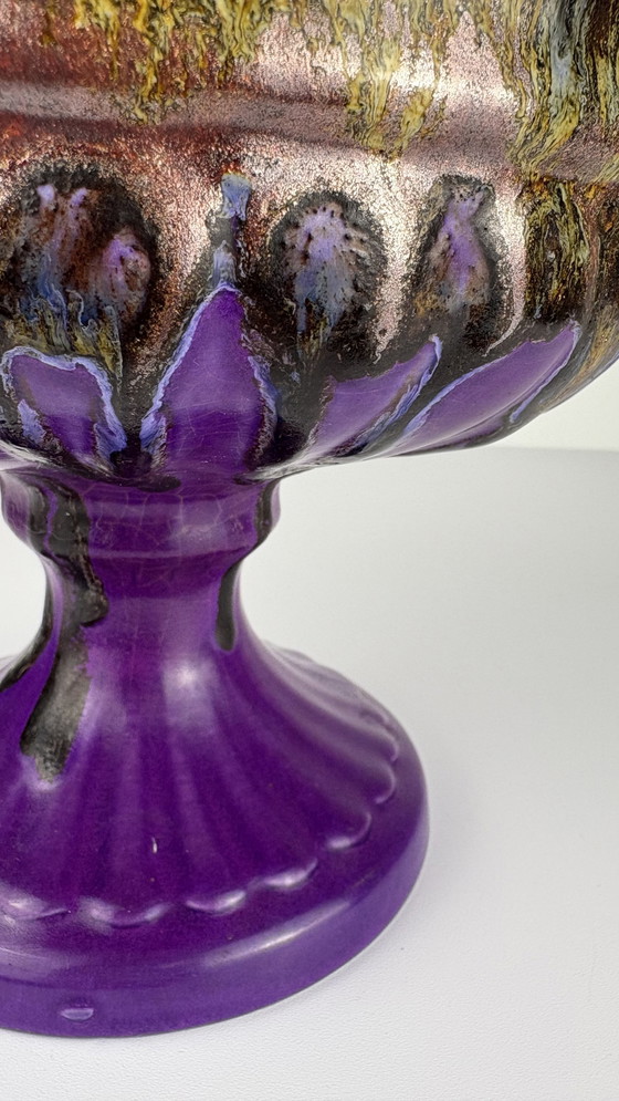 Image 1 of Vintage Purple Ceramic Bowl Fat Lava Drip Bronze Colour