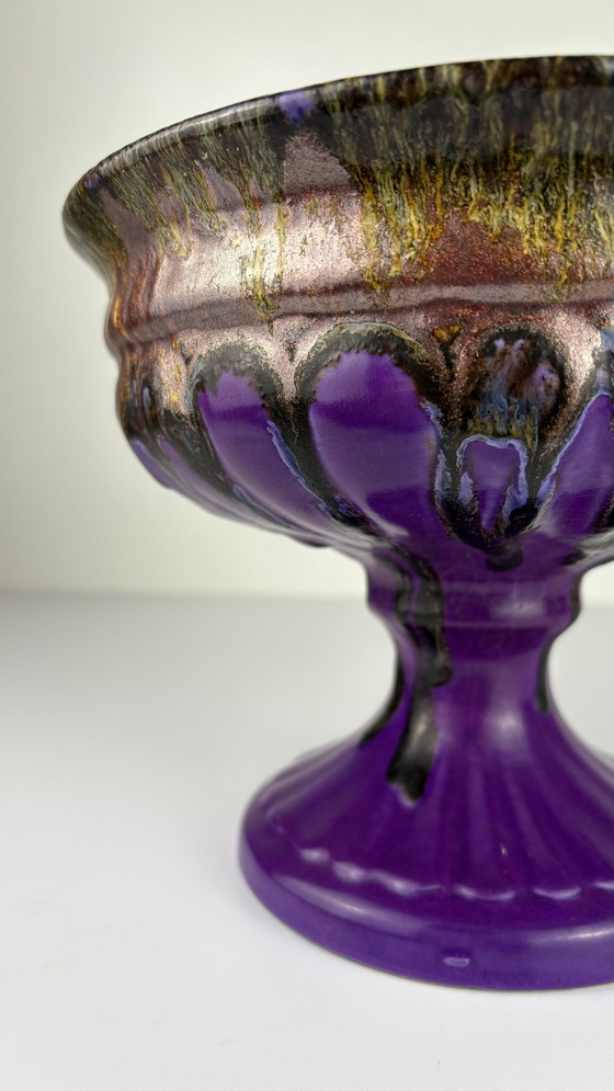 Image 1 of Vintage Purple Ceramic Bowl Fat Lava Drip Bronze Colour