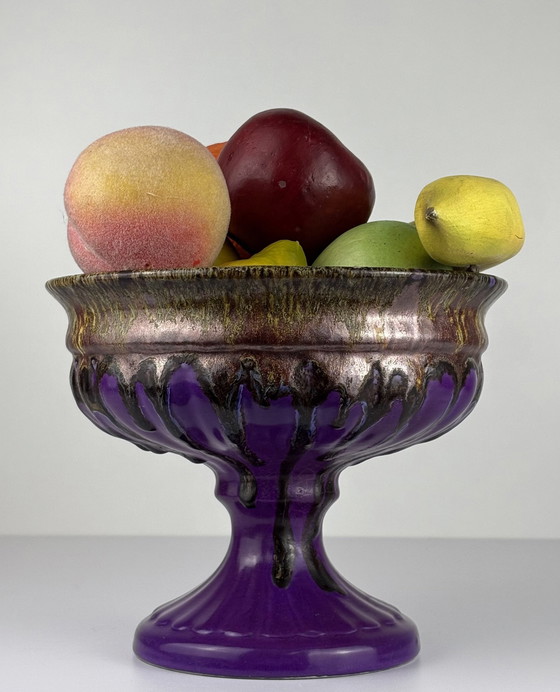 Image 1 of Vintage Purple Ceramic Bowl Fat Lava Drip Bronze Colour