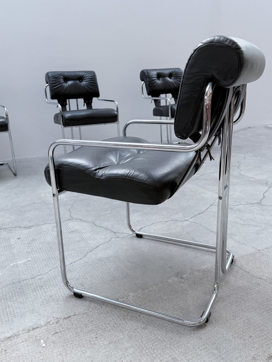 Image 1 of Set de 4 chaises Guido Faleschini for i4Mariani "Tucroma" Cuir Noir Chrome, Italie 1970s
