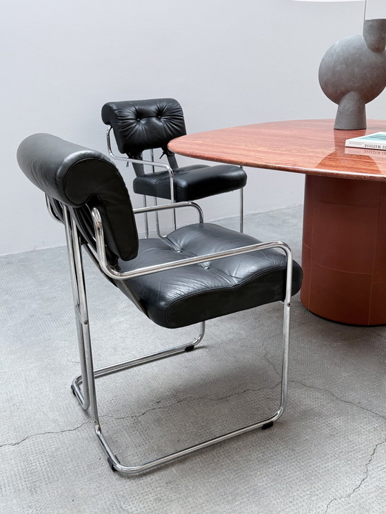 Image 1 of Set de 4 chaises Guido Faleschini for i4Mariani "Tucroma" Cuir Noir Chrome, Italie 1970s