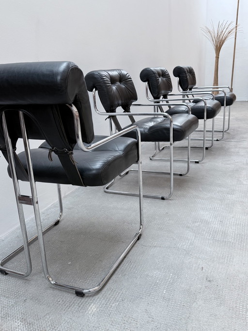 Set de 4 chaises Guido Faleschini for i4Mariani "Tucroma" Cuir Noir Chrome, Italie 1970s