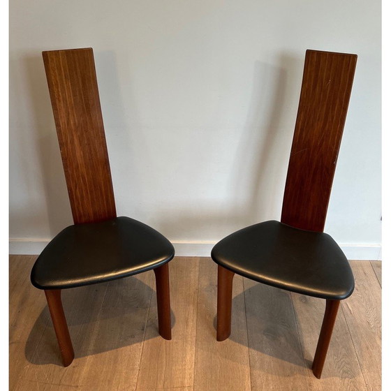 Image 1 of Paire de chaises vintage en bois exotique et cuir, 1970