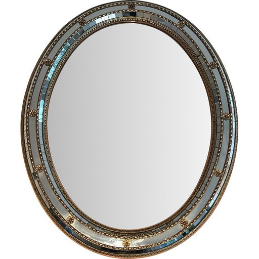Miroir vintage ovale avec miroirs multi-facettes et guirlandes en laiton, France 1970