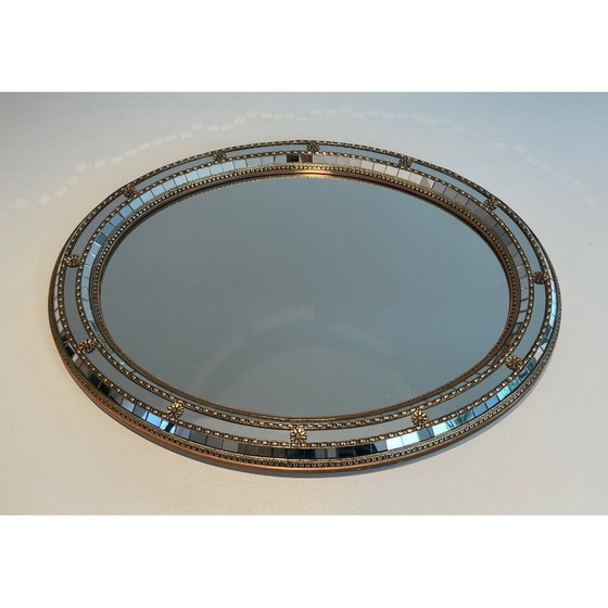 Image 1 of Miroir vintage ovale avec miroirs multi-facettes et guirlandes en laiton, France 1970
