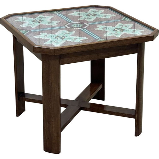 Table d'appoint Vintage Art Deco en acajou, tissu et verre
