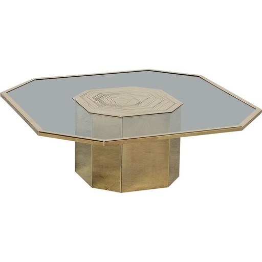 Table basse vintage en laiton gravé et verre fumé par Nadie Jonckers, 1980