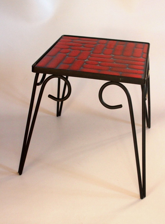 Image 1 of Mid Century Tabouret de fleur En métal Avec surface en carreaux de céramique