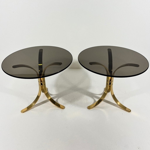 Tables d'appoint en laiton et verre fumé 1960's