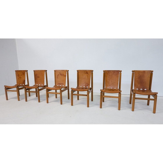 Image 1 of Ensemble de 6 chaises de salle à manger en cuir vintage par Ilmari Tapiovaara pour La Permanente Mobili Cantù, années 1950