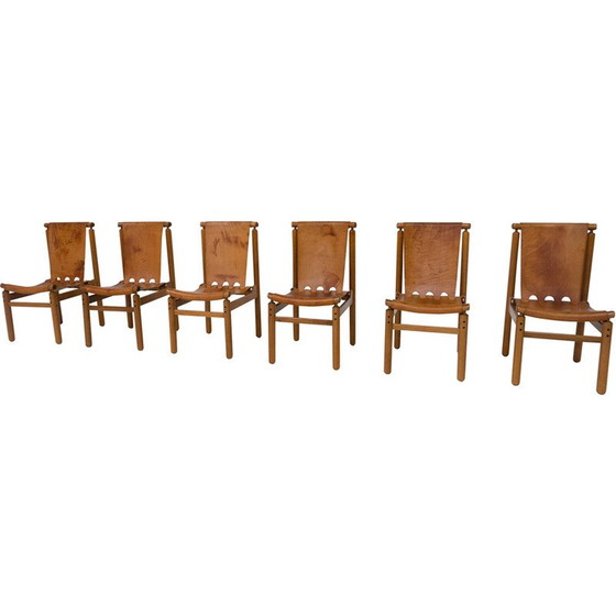 Image 1 of Ensemble de 6 chaises de salle à manger en cuir vintage par Ilmari Tapiovaara pour La Permanente Mobili Cantù, années 1950