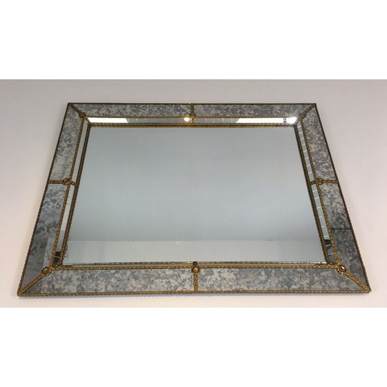 Image 1 of Mosaïque de miroir à facettes vintage avec fleurs et guirlandes en laiton, 1970