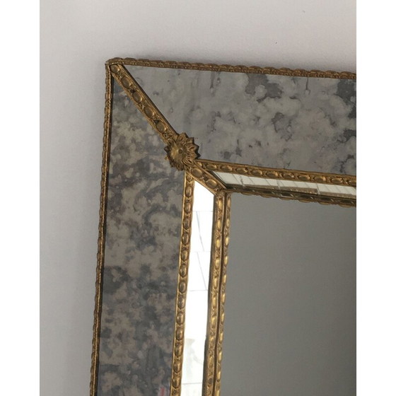 Image 1 of Mosaïque de miroir à facettes vintage avec fleurs et guirlandes en laiton, 1970