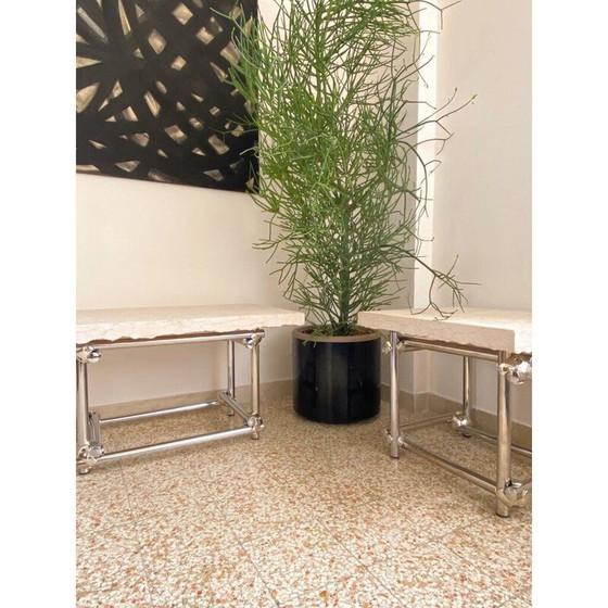 Image 1 of Table basse vintage en chrome et travertin, Italie 1970