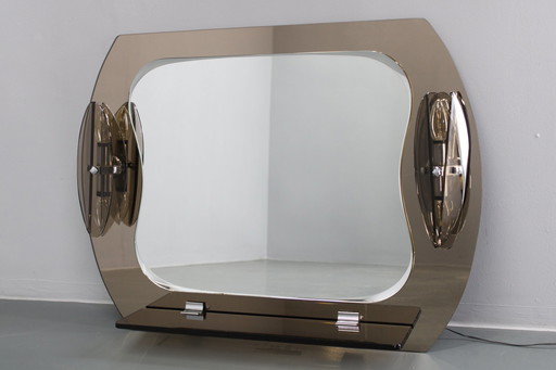 1980S Fontana Arte, Grand miroir mural en verre avec lumières et étagère, Italie