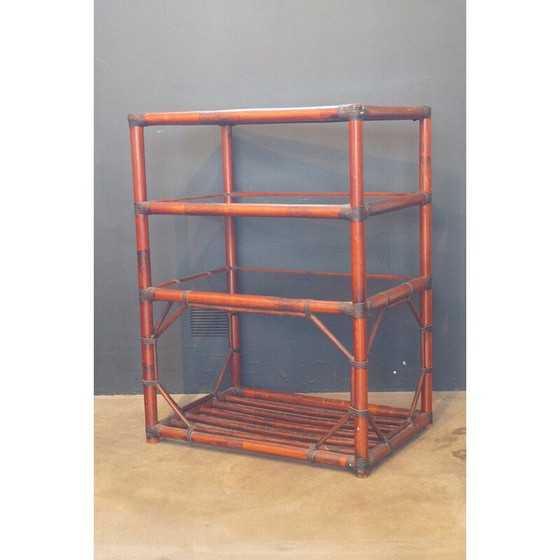 Image 1 of Bibliothèque vintage en rotin, cuir et verre fumé, 1970