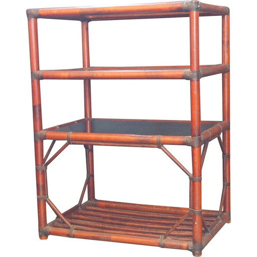 Bibliothèque vintage en rotin, cuir et verre fumé, 1970