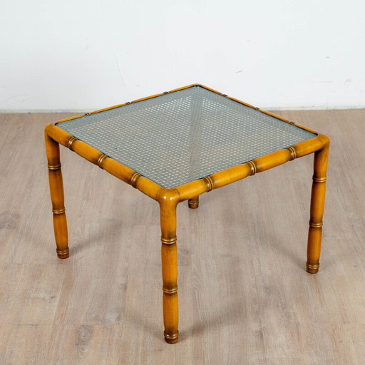 Table d'appoint carrée vintage en bois et cannage, France 1970