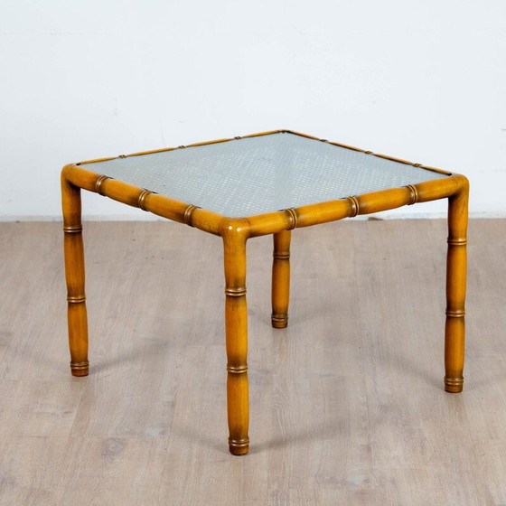 Image 1 of Table d'appoint carrée vintage en bois et cannage, France 1970