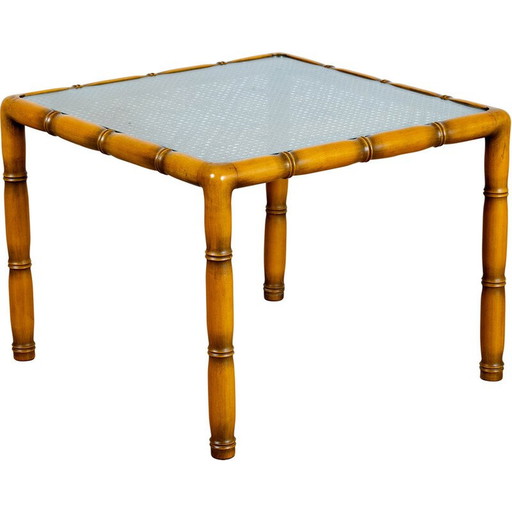 Table d'appoint carrée vintage en bois et cannage, France 1970