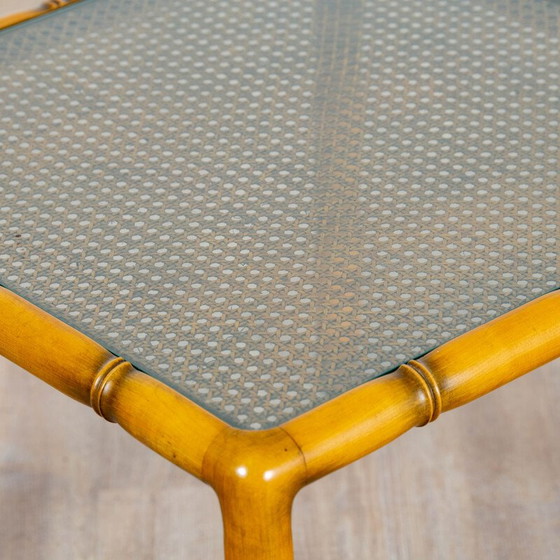 Image 1 of Table d'appoint carrée vintage en bois et cannage, France 1970