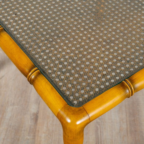 Image 1 of Table d'appoint carrée vintage en bois et cannage, France 1970