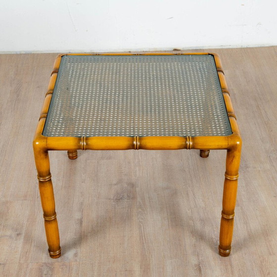 Image 1 of Table d'appoint carrée vintage en bois et cannage, France 1970