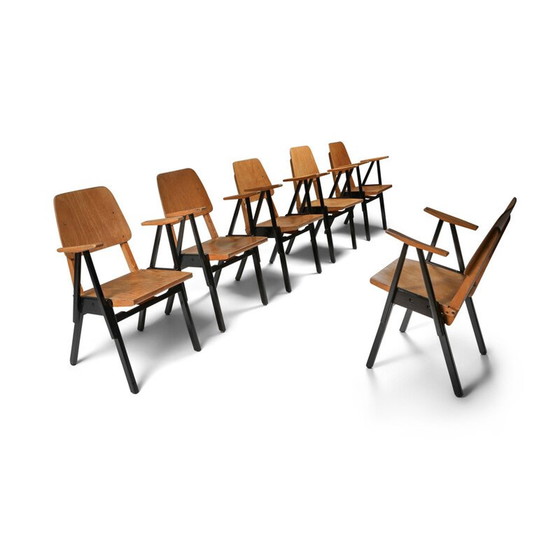 Image 1 of Ensemble de 6 fauteuils vintage en contreplaqué et bois ébonisé par Ermeloo Zwager, Pays-Bas 1950